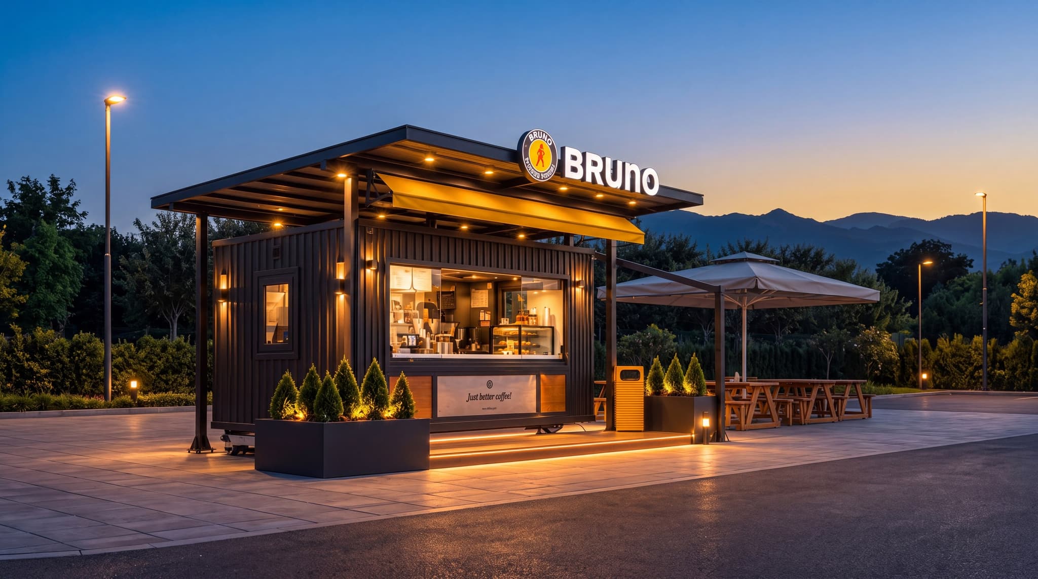 Το Bruno Box και ο χώρος καθιστικών την μπλε ώρα
