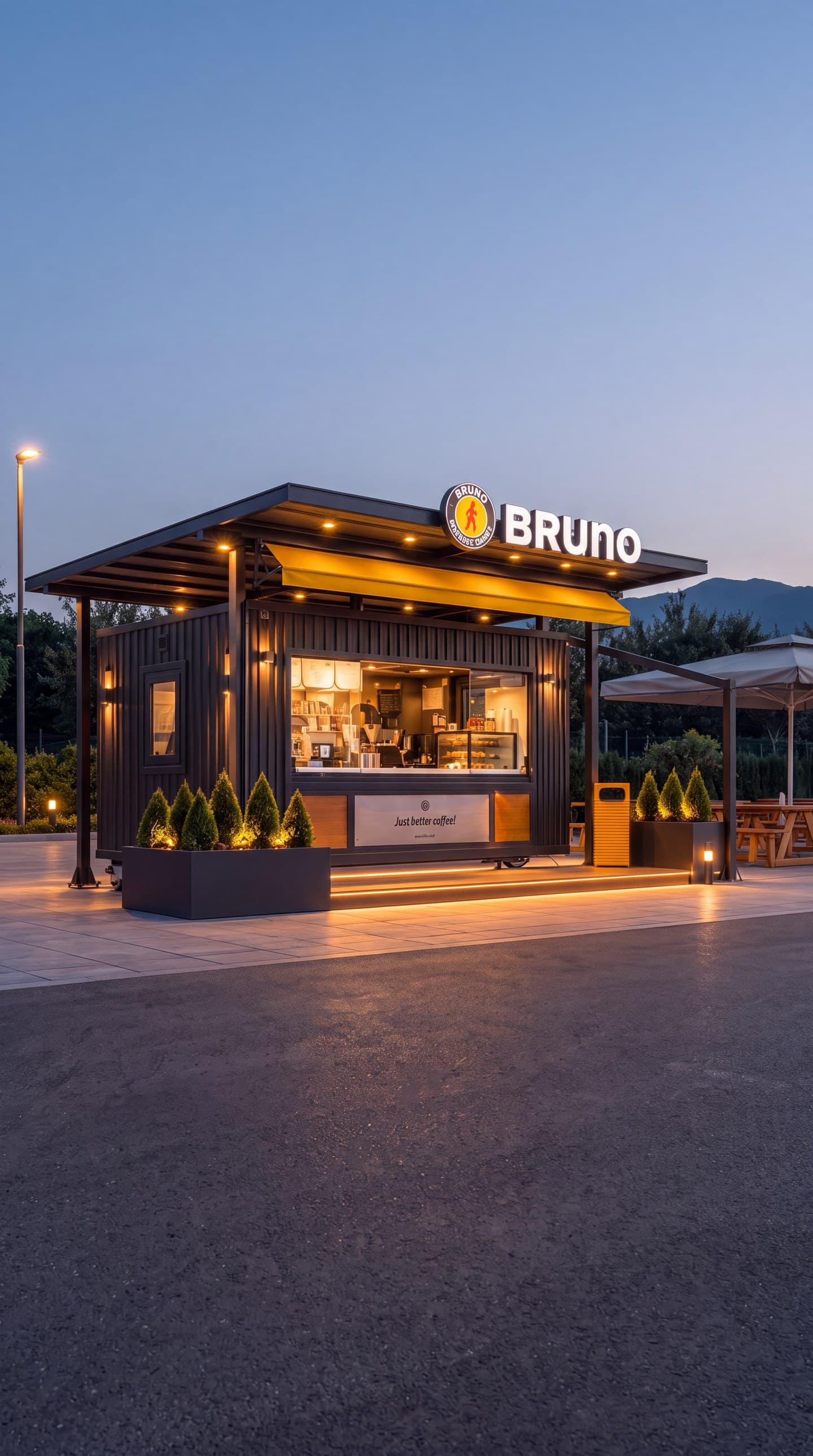 Το Bruno Box και ο χώρος καθιστικών την μπλε ώρα